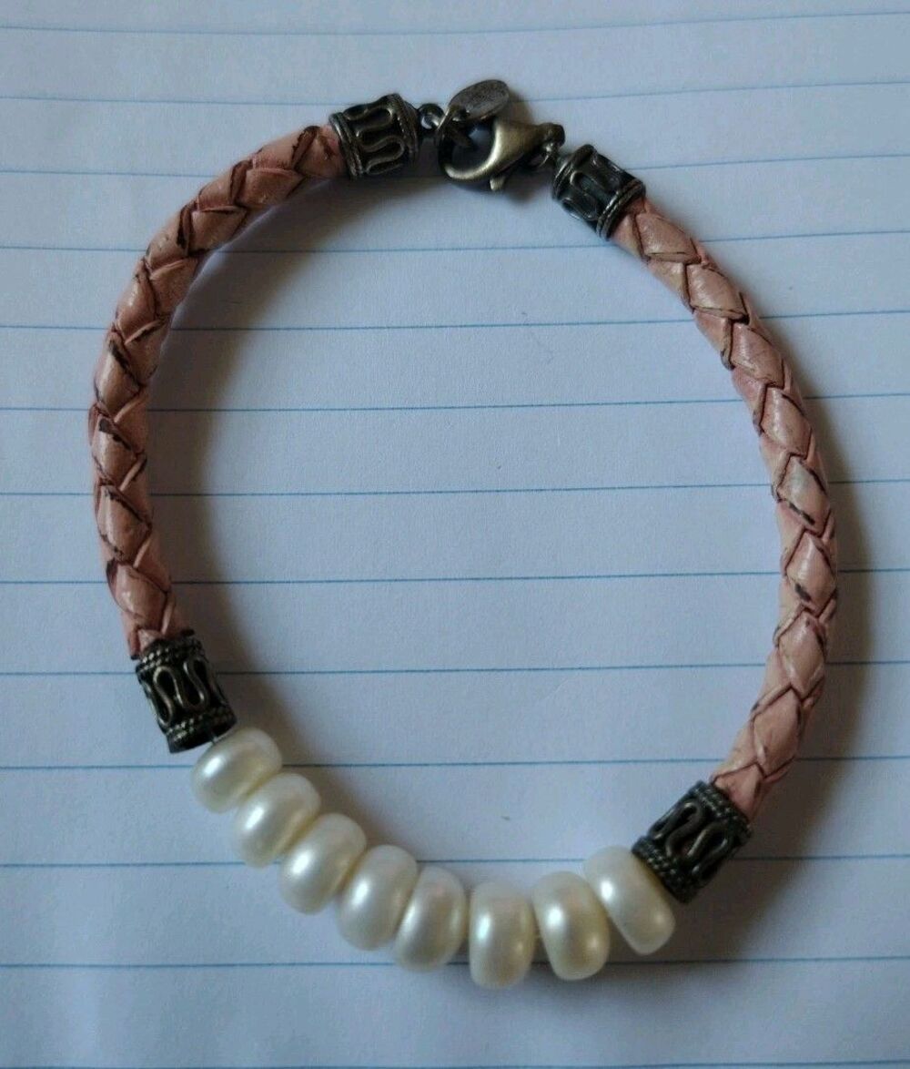 Vintage Honora Button Pearl Beaded Sterling 925 Braided Camel Leather Bracelet